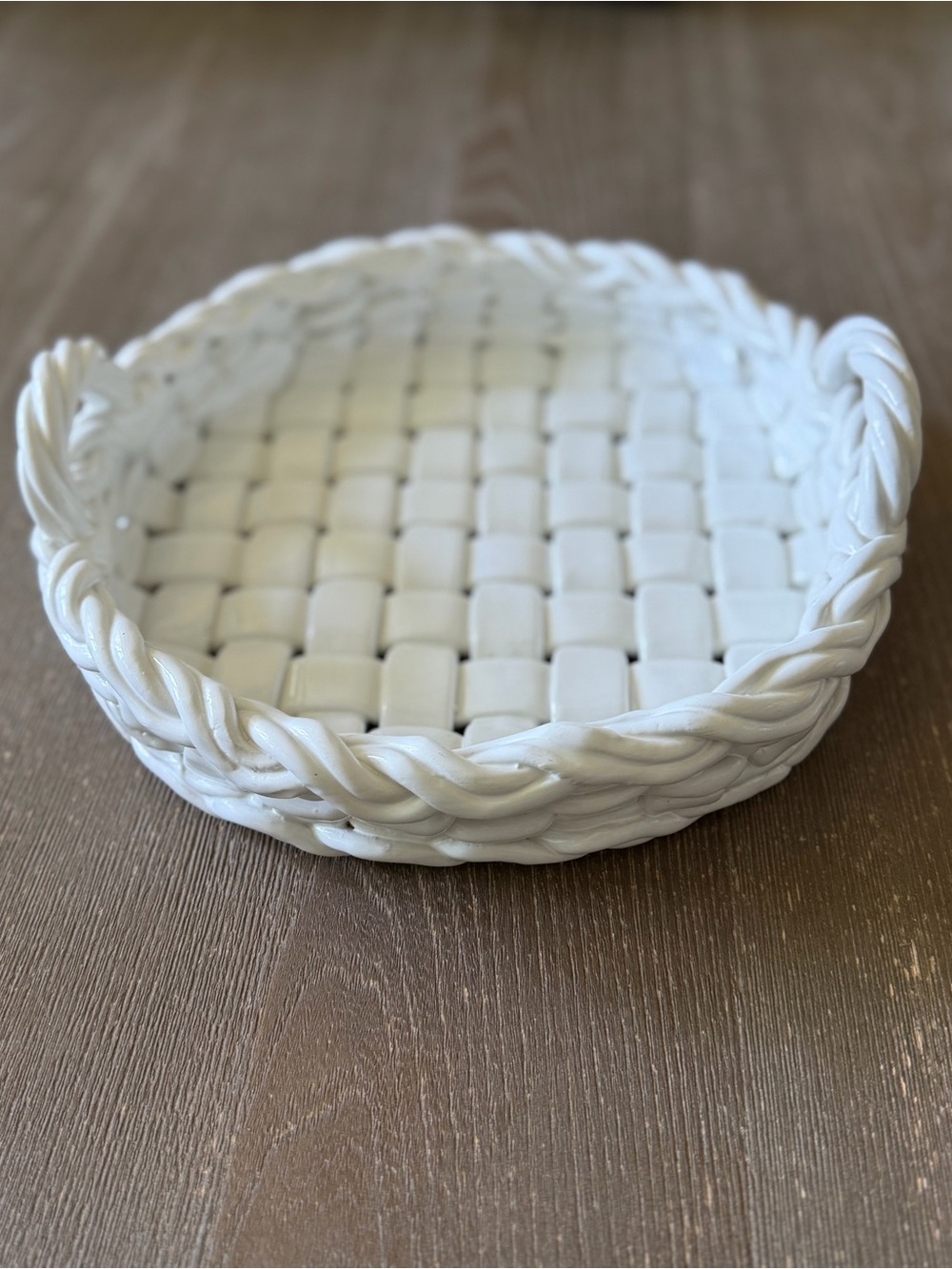 Vintage Italian Woven Ceramic Lattice Basket Tray with Braided Handles – 10”